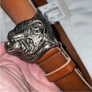 New Gucci Brown Leather Belt with silver Tiger Head Buckle